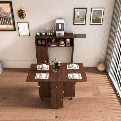 Multifunctional Folding Convertible Space-Saving Table Sideboard Cabinet Tabletop Desk Buffet Hutch Storage Shelving Cupboard Mobile Island Charger Outlets USB Wheels Locking Expandable (Walnut)