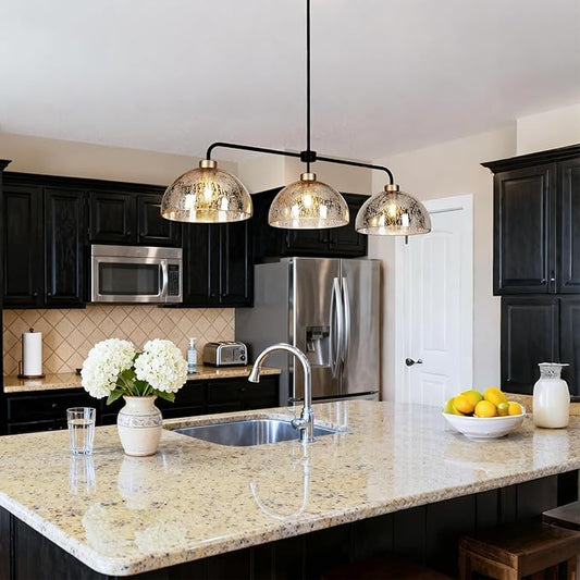 KSANA Kitchen Island Lighting, 3 Light Linear Chandelier with Mercury Dome Glass 44" Large Mid-Century Modern Pendant Light Black and Gold Chandelier for Dining Room