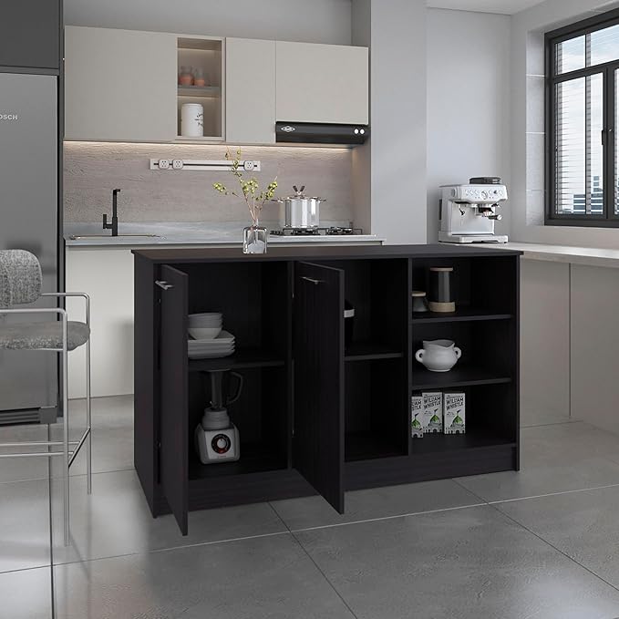 GOWE Kitchen Island Two Cabinets, Three Open Shelves
