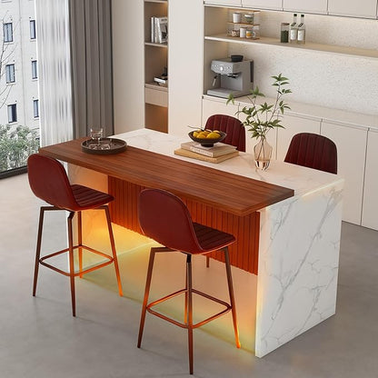 GOWE 63-inch Modern Kitchen Island Set with 4 Dark Brown Bar Stools - White Marble Look Surface, LED Lighting & Grill Design for Dining Room, Open Concept Spaces, Lounge(4 Dark Brown Bar Stools)
