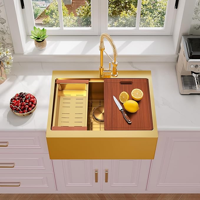 Rhbamoa Gold Farmhouse Sink 28 inch,16 Gauge T304 Stainless Steel Drop in Farm Sinks,Gold Single Bowl Apron Front Kitchen Farm Sink,10 Inch Depth Topmount Workstation Sinks with All Accessories