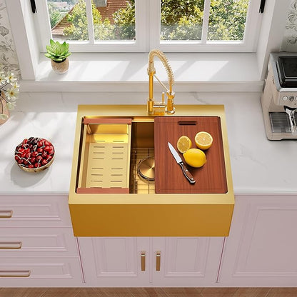 Rhbamoa Gold Farmhouse Sink 28 inch,16 Gauge T304 Stainless Steel Drop in Farm Sinks,Gold Single Bowl Apron Front Kitchen Farm Sink,10 Inch Depth Topmount Workstation Sinks with All Accessories