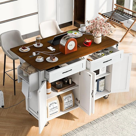 Merax 53.5" Kitchen Cart Island on Wheels with Power Outlet,Drop Leaf,Spice Rack,Farmhouse Wood Frame Storage Cabinet for Dining Room