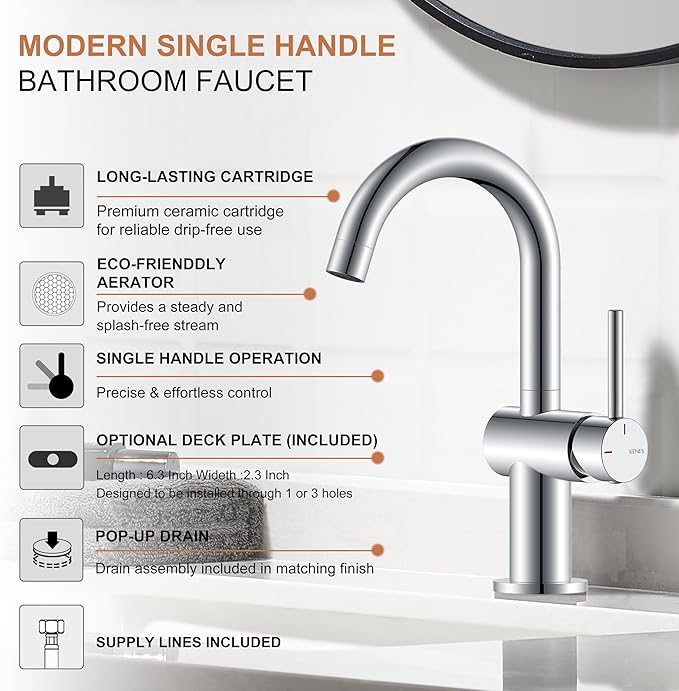 KENES Polished Chrome Bathroom Faucets Single Handle Modern Prep Wet Bar Sink Faucets Bathroom Sink Faucet with Drain Assembly & Deck Plate, Farmhouse RV Camper Outdoor Utility Faucet, KE-9005B-5