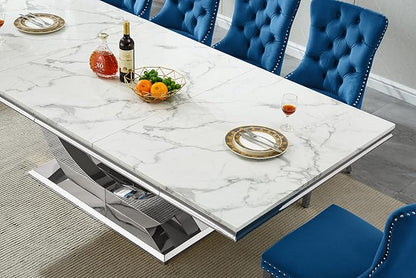 94 Inch White Marble Dining Table for 6-10 People, Modern Extra Long Rectangular Kitchen Table w/Faux Marble Top & Gorgeous Mirrored Stainless Steel Base, Large Rectangular Silver Dining Room Table