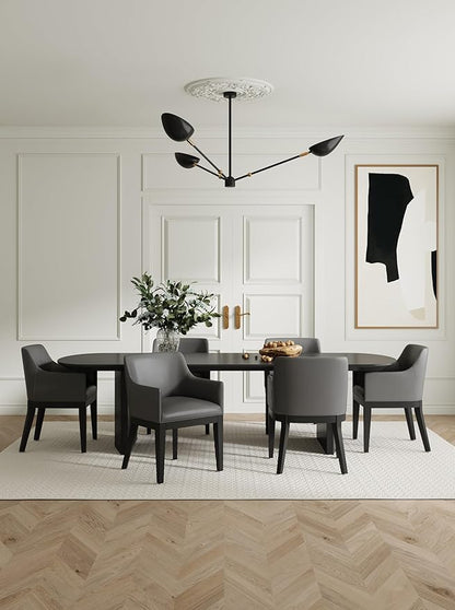 Manhattan Comfort Gansevoort Modern Faux Leather Dining Chair with Arms, Leatherette Upholstery on Solid Beech Wood Frame, Accent Furniture for Kitchen Table or Office, Set of 2, Pebble Grey