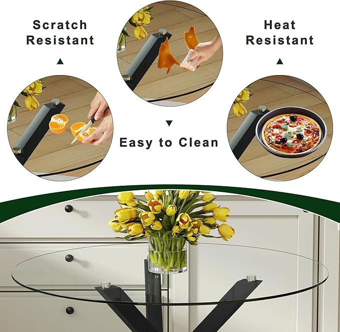 Round Glass Dining Table Set for 4 People, 31 Inch Diameter with X-Shaped Black Metal Base and Ergonomic PU Chairs, Easy to Clean Tempered Glass Top for Kitchen and Dining Room