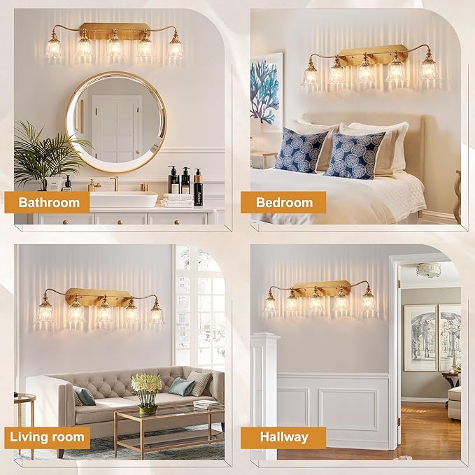 LmnLvn Bathroom Vanity Gold Light Fixture, 5 Lights Bathroom Lighting Matte Antique Brass Finish with Crystal Glass Shade, Gold Vintage Vanity Light for Bathrooms