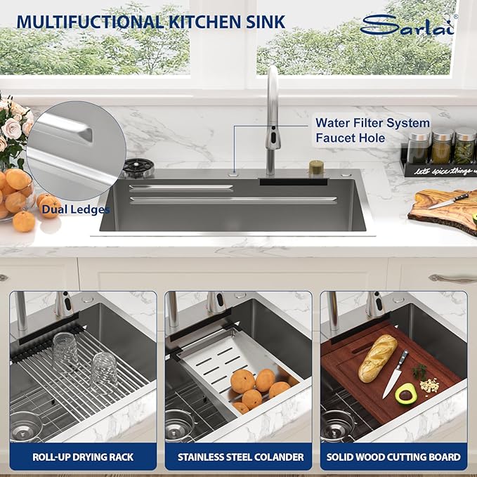 Sarlai Waterfall Kitchen Sink - 33x19 Drop In Sink 33 Inch Topmount Workstation Stainless Steel 16 Gauge Single Bowl Waterfall Kitchen Sink Handmade with Faucet & Glass Rinser