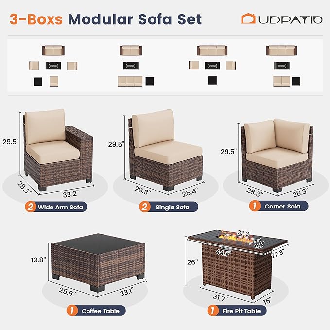 UDPATIO Patio Furniture Set with Fire Pit Table, 8 Inch Armrest 7 Piece Outdoor Sectional Sofas, All-Weather Wicker Conversation for Garden, Backyard, Brown/Khaki