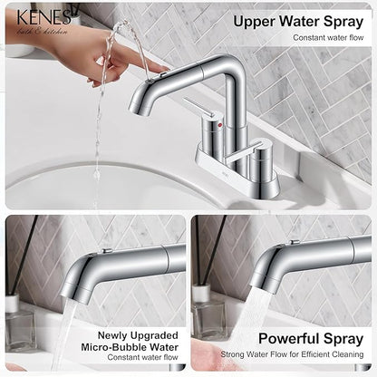 KENES Chrome Centerset Bathroom Faucet with Pull Out Sprayer, 4 Inch 2 Handle Pull Down Bathroom Faucet 3 Hole, Bathroom Sink Faucet with Pop Up Drain & Supply Lines LJ-9059A-5