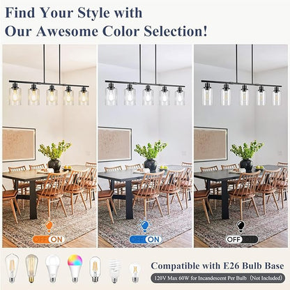 Dining Room Light Fixture Over Table, 5-Light Kitchen Island Lighting Hanging, Farmhouse Linear Chandelier for Dining Room, Matte Black Pendant Light Fixtures with Clear Glass Shade for Kitchen Island