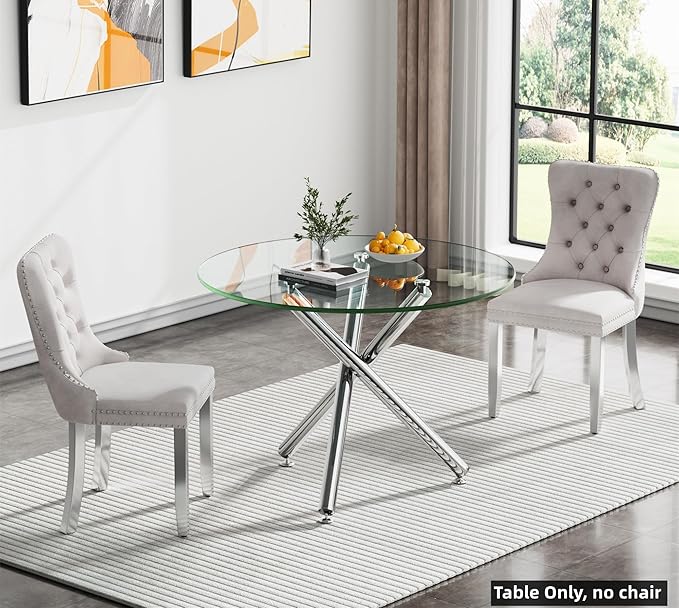 SSLine 35.4" Round Glass Dining Table for 2-4 Modern Circle Glass Tabletop Kitchen Table for 4 Luxury Dinner Tables with Silver Metal Legs for Home Kitchen Dining Room(Table Only)