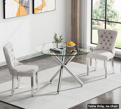 SSLine 35.4" Round Glass Dining Table for 2-4 Modern Circle Glass Tabletop Kitchen Table for 4 Luxury Dinner Tables with Silver Metal Legs for Home Kitchen Dining Room(Table Only)