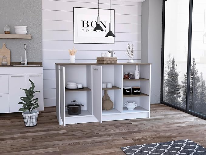 GOWE Kitchen Island Two Cabinets, Three Open Shelves, White/Dark Brown