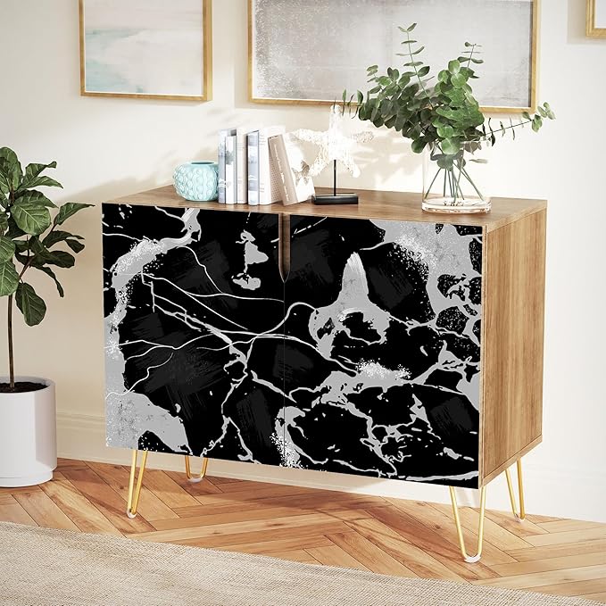 SIGNWIN Sideboard Buffet Cabinet, Kitchen Storage Cabinet with 2 Doors, Dark Black & Gray Stonewash Pattern, Cupboard Console Table for Dining Room - 35" L x 18" W x 29" H
