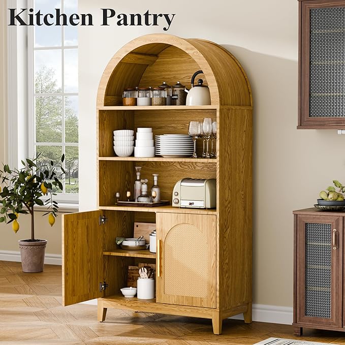 63" Tall Arched Pantry Cabinet with Doors, 5-Tier Arched Bookcase with Adjustable Shelves, Wood Storage Cabinet for Kitchen, Living Room, Office, Natural Oak