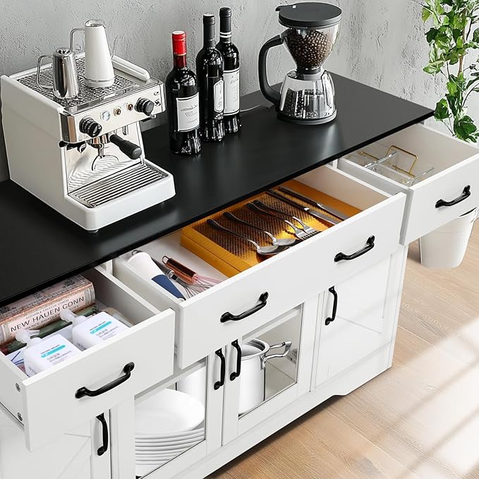 Likein Sideboard Buffet Cabinet with Storage - 55" Kitchen Storage Display Cabinet with 4 Drawers and Glass Doors, 15.8" D Farmhouse Wood Buffet Table Coffee Bar Cabinets for Entryway Living Room
