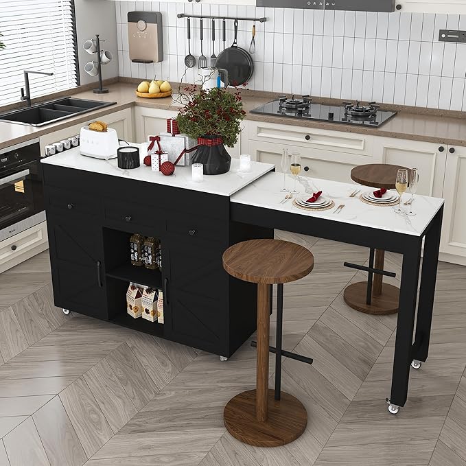 KEIKI 74.8" Kitchen Island with Extendable Dining Table, Rolling Cart with Power Outlet, 3 Drawers & Storage Cabinet on Wheels for Kitchen, Dining Room, Black