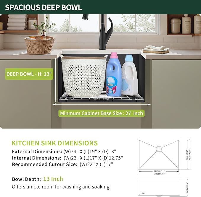24-inch Undermount Laundry Utility Sink - 24x19x13 Extra Deep Black Stainless Steel Single Bowl Basin with Drain Strainer, Bottom Grid & Drying Unit for Laundry Room, Outdoor, Kitchen Use