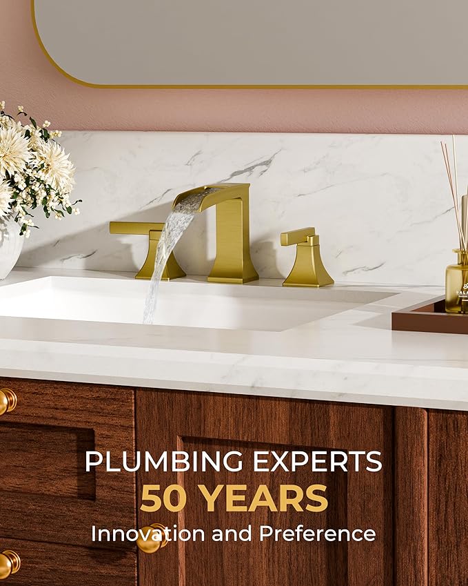 FORIOUS Waterfall Brushed Gold Bathroom Faucet 3 Hole Vanity, Two Handle Brass Gold Faucet for Bathroom Sink Widespread 8 Inch with Metal Pop-up Drain and CUPC Pre-Assembled Hose