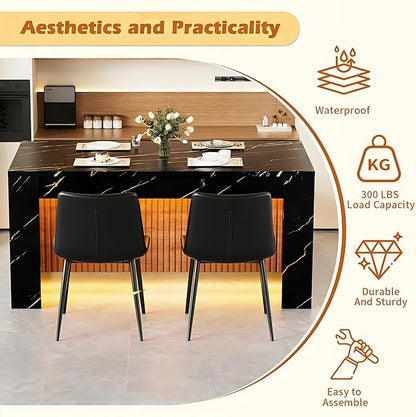 Large Faux Imitation Dining Table with Velvet Dining Chairs Set of 4, Marble Stripes Kitchen Island Table with Grille Design for 4-6, Luxury Island with LED Lights for Home Kitchen. (Black)