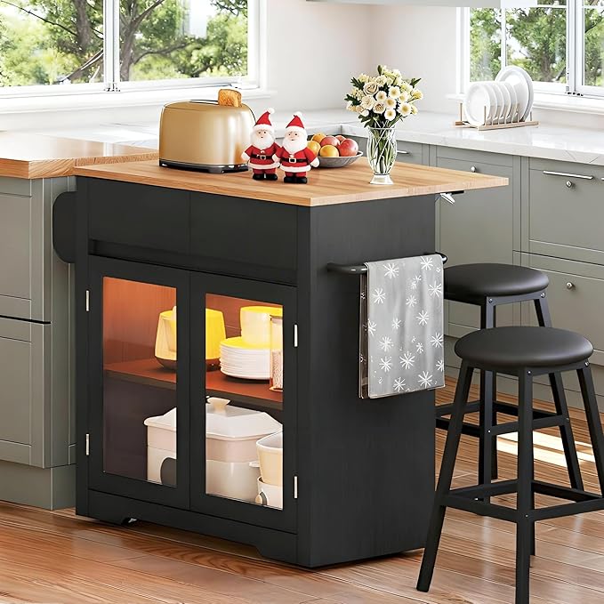 DWVO Kitchen Island with Drop Leaf, Mobile Kitchen Storage Islands with Power Outlet & LED Lights, 37.5" Rolling Dinning Table with Seating, 2 Soft Cushion Bar Stools, Towel & Spice Rack, Qak Black