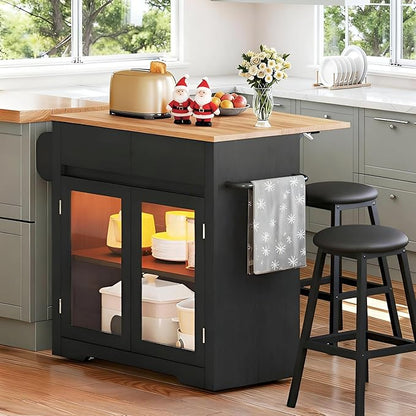 DWVO Kitchen Island with Drop Leaf, Mobile Kitchen Storage Islands with Power Outlet & LED Lights, 37.5" Rolling Dinning Table with Seating, 2 Soft Cushion Bar Stools, Towel & Spice Rack, Qak Black