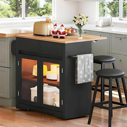 DWVO Kitchen Island with Drop Leaf, Mobile Kitchen Storage Islands with Power Outlet & LED Lights, 37.5" Rolling Dinning Table with Seating, 2 Soft Cushion Bar Stools, Towel & Spice Rack, Qak Black