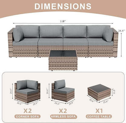 JAMFLY Patio Furniture Sets, 5-Piece Outdoor Patio Furniture with Thick Cushions, Wicker Outdoor Conversation Set Sectional Sofa for Backyard, Poolside, Garden(Grey Cushion)