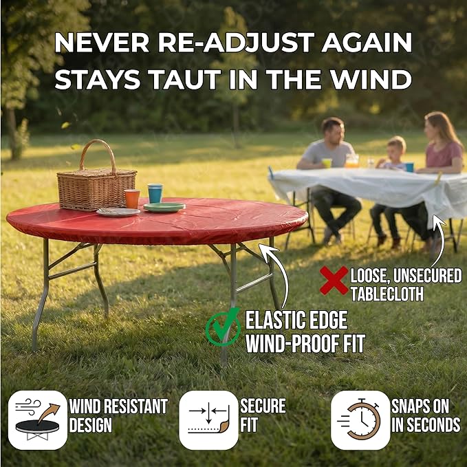 Kwik-Covers 10 Pack of Round Plastic Table Covers - 60" or 72" Round - Indoor or Outdoor Fitted Covers (Tables NOT Included) (Red, 72" Round)