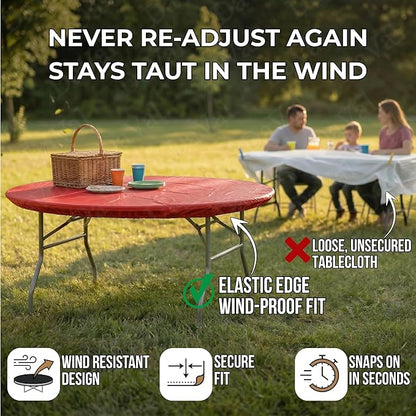 Kwik-Covers 10 Pack of Round Plastic Table Covers - 60" or 72" Round - Indoor or Outdoor Fitted Covers (Tables NOT Included) (Red, 72" Round)