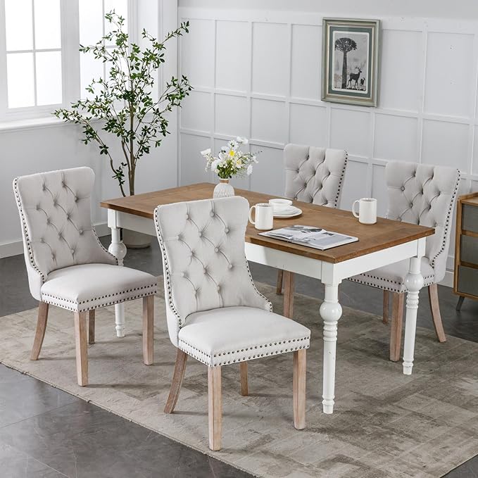 Ball & Cast Contemporary Upholstered Dining Chairs Set of 2, Button Tufted Kitchen Side-Chairs with Hang Ring & Nailhead Trims & Solid Wood Legs, 2-Piece Backrest Traditional Chair, Linen Beige