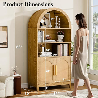 63" Tall Arched Pantry Cabinet with Doors, 5-Tier Arched Bookcase with Adjustable Shelves, Wood Storage Cabinet for Kitchen, Living Room, Office, Natural Oak