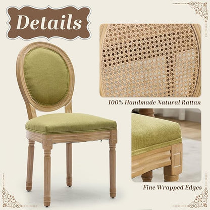 SoarFlash French Dining Chairs Set of 4, Vantage Linen Dining Chair with Round Back, Wood Leg Farmhouse Country Dining Chair for Kitchen,Bedroom,Olive Green