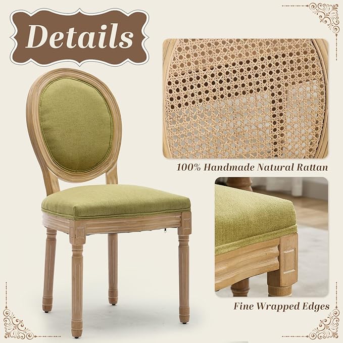 SoarFlash Linen French Dining Chairs Set of 2, Vantage Dining Chair with Round Back, Wood Leg Farmhouse Country Dining Chair for Kitchen,Bedroom,Olive Green