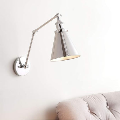 JONATHAN Y 7" Chrome Classic Industrial Metal Adjustable Arm LED Wall Sconce for Bedside Reading, Farmhouse Swing Arm Wall Lamp with Metal Shade, Hardwired JYL7460A