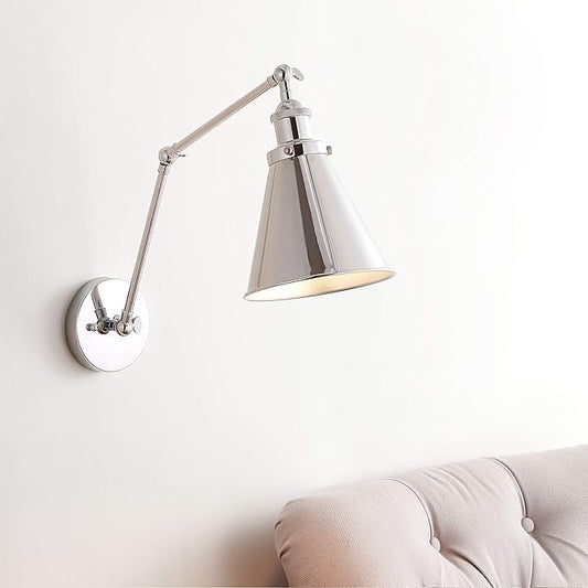JONATHAN Y 7" Chrome Classic Industrial Metal Adjustable Arm LED Wall Sconce for Bedside Reading, Farmhouse Swing Arm Wall Lamp with Metal Shade, Hardwired JYL7460A