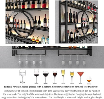 Metal Wine Rack Wall Mounted with LED Light, 3-Tier Bar Liquor Shelf with Wine Glass Holder, Modern Large Capacity Liquor Bottle Display Storage Shelf for Home Bar, Dining Room(Black, 140 * 80 * 15)