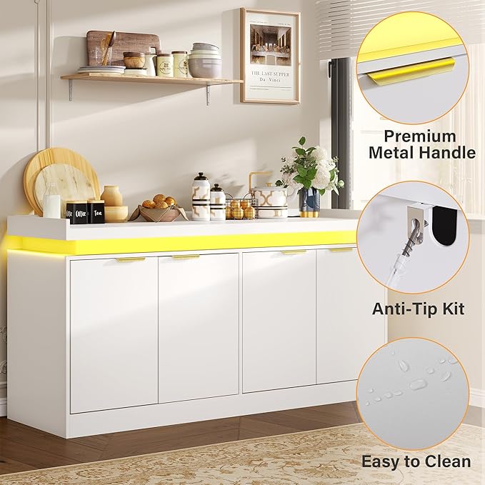 UNIQUITE 63" Sideboard Buffet Cabinet, Kitchen Buffet Cabinet Storage Cabinets with Power Outlets & LED Light, Modern Sideboard Coffee Bar Buffet Cabinets for Kitchen, Dinning, Living Room