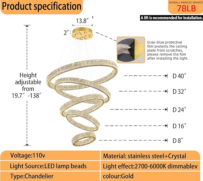 Modern 5 Ring Chandeliers for High Ceiling Foyer,Luxury Dimmable Crystal Ceiling Light Fixtures Staircase Entrance Villa Large Gold Chandelier D8''+15.7"+23.6"+31.5"+39.4"