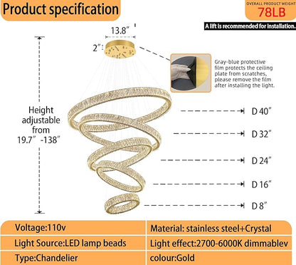 Modern 5 Ring Chandeliers for High Ceiling Foyer,Luxury Dimmable Crystal Ceiling Light Fixtures Staircase Entrance Villa Large Gold Chandelier D8''+15.7"+23.6"+31.5"+39.4"