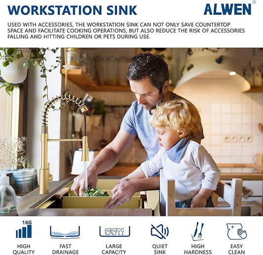 33" Luxury Gold Farmhouse Sink – ALWEN 16 Gauge Workstation Apron Front Sink, 10" Depth Single Bowl with R10 Radius & Accessories
