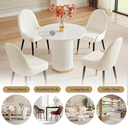 Round Dining Table Set for 4, 35.04" Modern Farmhouse Dining Table and 4 Leather Dining Chair, Small Circle Kitchen Tables with Wood & Gold Stainless Steel Base for Living Room, Kitchen, White