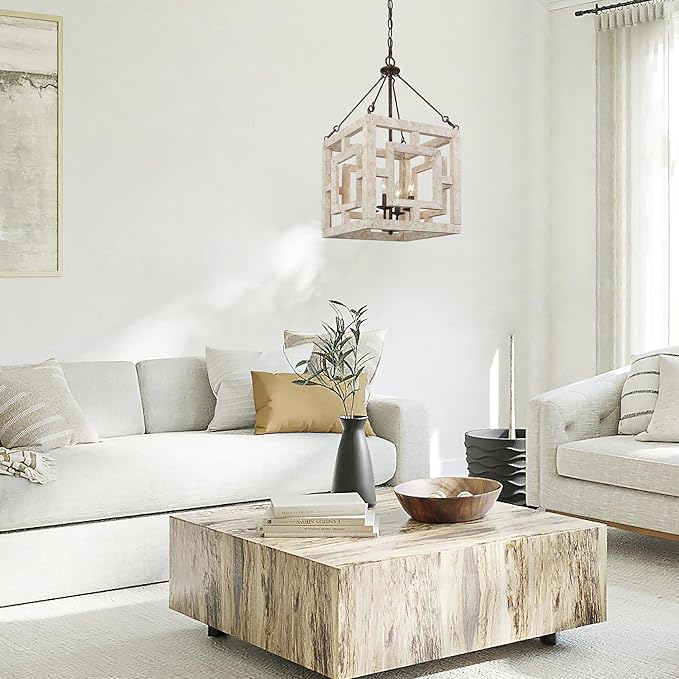 Farmhouse Chandelier, 4-Light Wood Suqure Chandeliers for Dining Romm, Living Room, Foyer and Kitchen Island, Weathered White Wood & Rustic Metal Finish