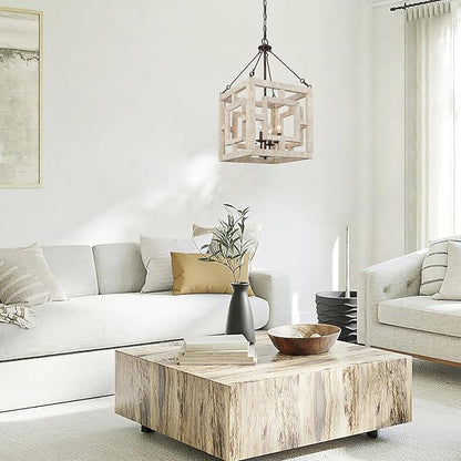 Farmhouse Chandelier, 4-Light Wood Suqure Chandeliers for Dining Romm, Living Room, Foyer and Kitchen Island, Weathered White Wood & Rustic Metal Finish