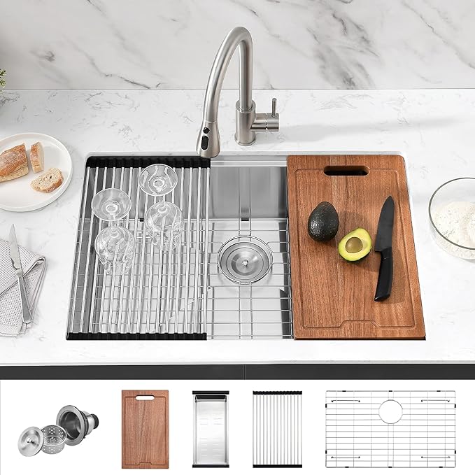 PEPO 33 Inch Kitchen Sink Undermount - 33 x 19 Undermount Kitchen Sink Workstation Deep Single Bowl 16 Gauge Stainless Steel Sinks Basin