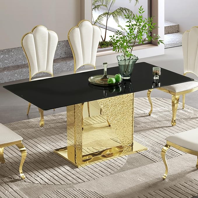 70" Rectangle Glass Dining Table for 6, Modern Luxury Kitchen Table with Black Tempered Glass Top, Gold Stainless Steel Mirrored Base with Carved Details