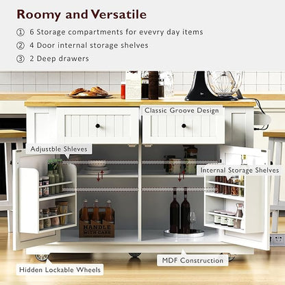 GOWE 48inch Large Kitchen Island with 2 Bar Stools, Power Outlet, Door Internal Storage Rack, Kitchen Storage Cart on 5 Wheels with Drop Leaf, 5 Open Side Racks, 2 Drawers,White (Three Packages)
