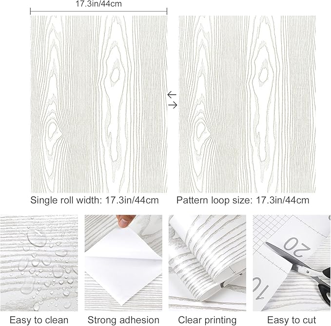 Yun-aeon Light White and Silver Wood Contact Paper 17.3"x120" Rustic Wooden Peel and Stick Wallpaper Removable Self-Adhesive Wallpaper Wood Grain Contact Paper for Countertops Cabinets